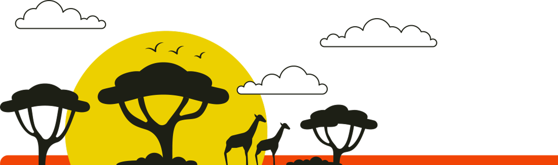 Stylized African savanna with giraffe silhouettes and acacia trees against golden sun